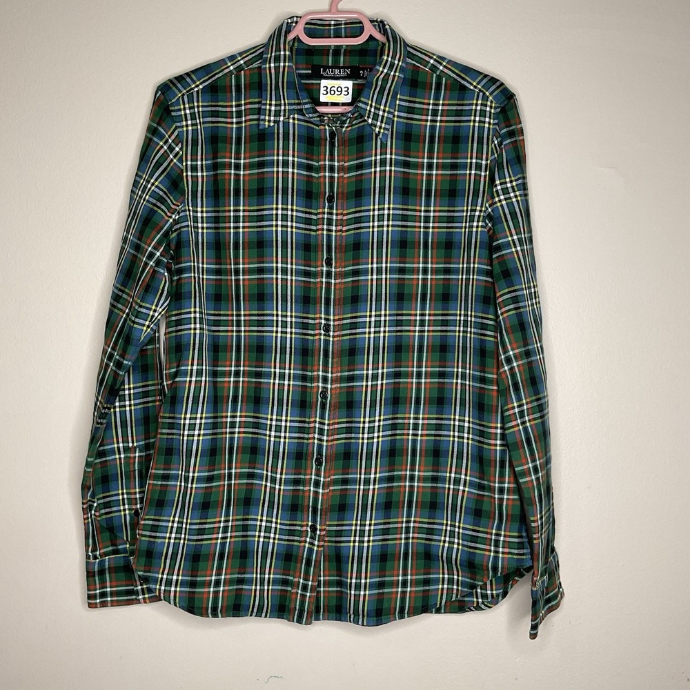 Ralph Lauren Plaid Flannel Button Down Shirt‎ Womens Large P Green Red Yellow LP